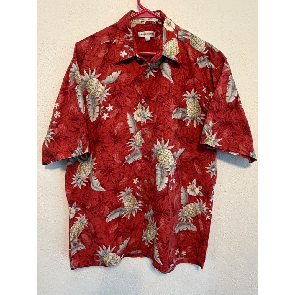 Pierre Cardin Mens Large Red Pineapple Floral Tropical Cotton Button Down Shirt